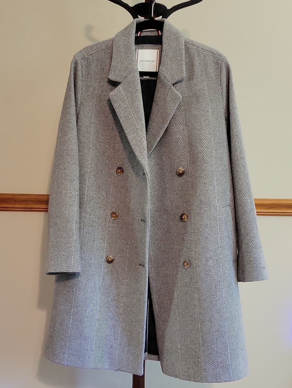 ​Tommy Hilfiger Gray Herringbone Double Breasted Wool Blend Peacoat Jacket